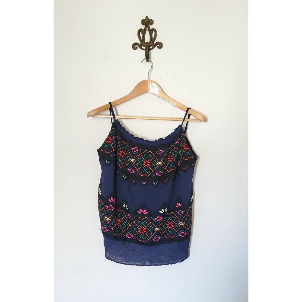 Calypso St Barth XSMALL Navy Blue Embroidered Peasant Tank Top